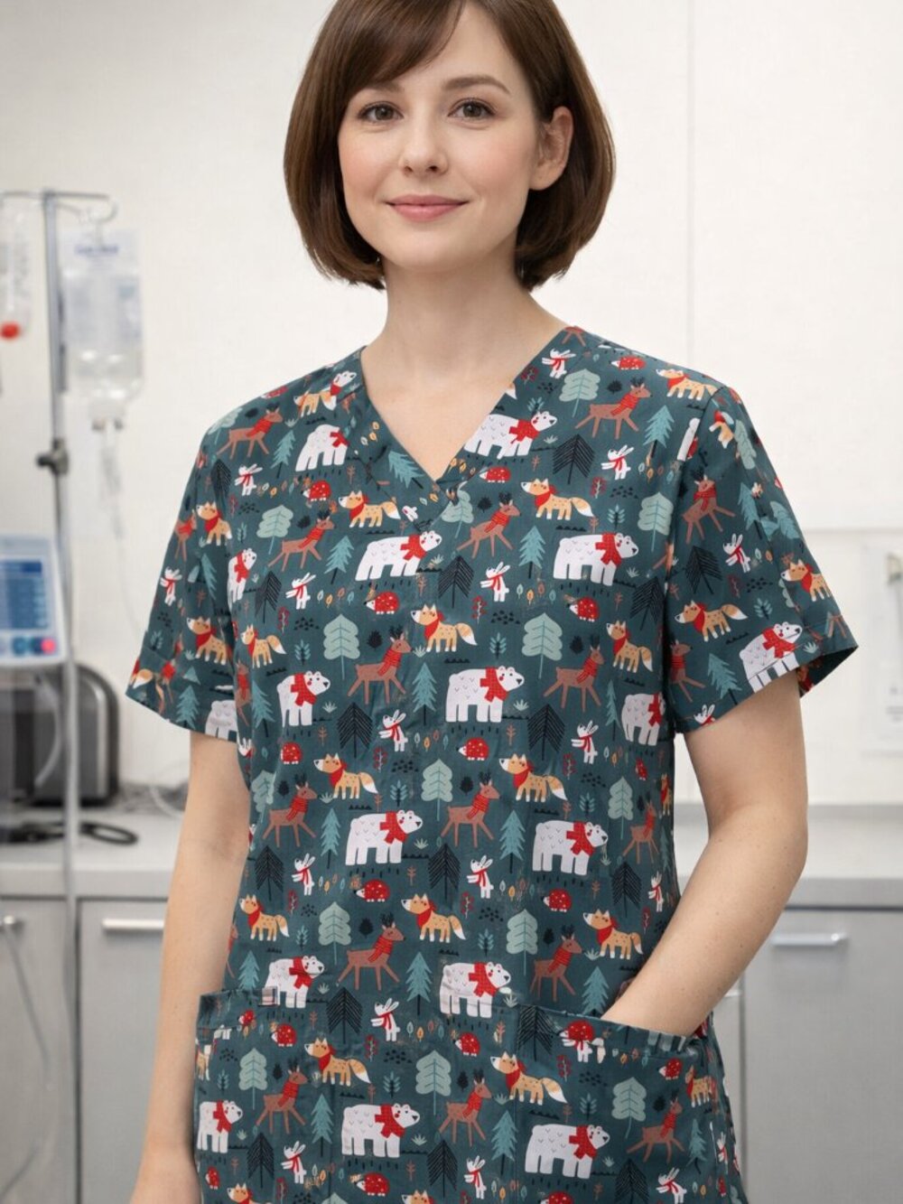Woodland Animal Print Scrub Top - Green Base with Red & White Accents